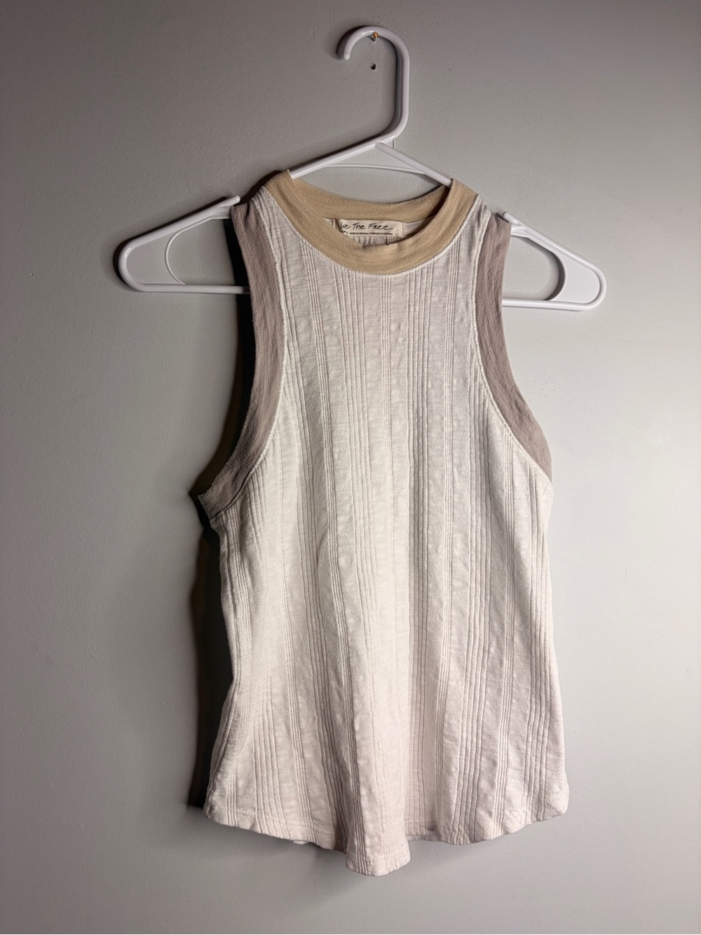 Free People We The Free Ivory Ribbed Tank with Taupe Trim Small - Picture 2 of 5